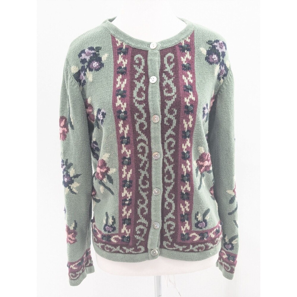 Fashion Bug Vintage Green Floral Embroidered Cotton Cardigan Sweater Size Medium